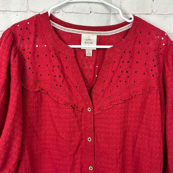 Knox Rose Shirt Womens Large Button Down Blouse Top Puff Sleeve Eyelet Lace Red - Picture 2 of 11